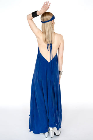 Royal Blue Cupro Silk Trapeze Kleita/atvērta Muguras garā kleita/ viens izmērs