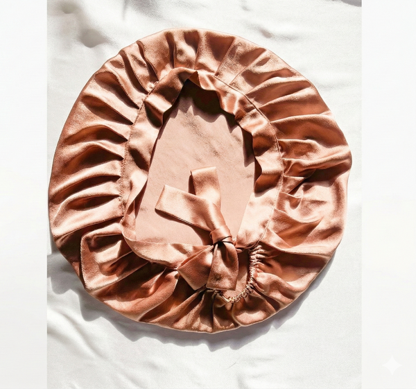 rose silk bonnet  zīda  miega cepurīte (bonnet), izgatavota no Mulberry zīda, Kobayashi Design rose silk bonnet, a Mulberry silk sleep cap with ruched edges and central knot bow, shown on light-colored linen fabric.