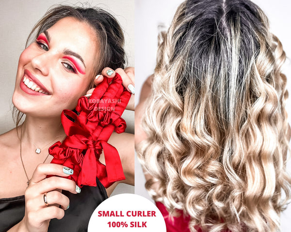 SMALL Long Silk Heatless hair curler ribbon with ties, Curling rod and Scrunchie set for tight curls
