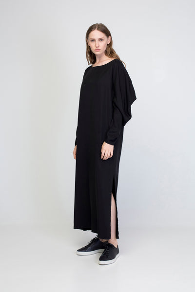 Rectangle Sleeve Black Long Cupro Dress
